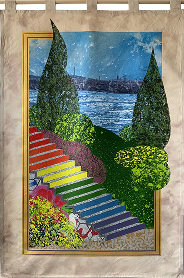 THE BOOK OF STREETS BY RICHARD BARTLE. A PAINTING OF A RAINBOW STAIRCASE IN A BEAUTIFUL GARDEN, WITH A VIEW OF USKUDAR AND THE BOSPHORUS IN THE DISTANCE.